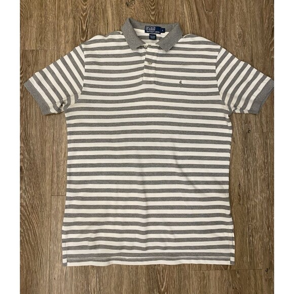 Polo Ralph Lauren Mens Polo Shirt Large Gray Striped Short Sleeve Golf Gray Pony - Picture 1 of 9